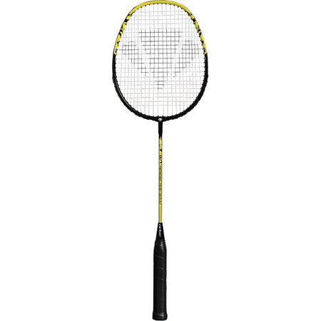 The Carlton Aeroblade 3000 Badminton Racket, featuring a black and yellow design with a black grip and titanium alloy construction, is displayed vertically against a white background.