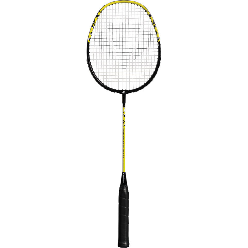 The Carlton Aeroblade 3000 Badminton Racket, featuring a black and yellow design with a black grip and titanium alloy construction, is displayed vertically against a white background.