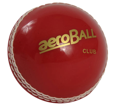 The Aero Incrediball Club Cricket Ball by Aero is a red training ball featuring white stitching and gold "aeroBALL CLUB" lettering, ideal as a non-leather option for club practice.