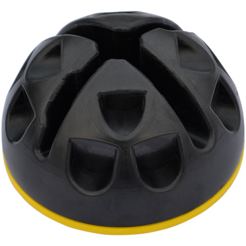 The Precision Training Agility Dome by Precision Training is a black, dome-shaped training tool with grooves and indents, a yellow base ring, and compatibility with 32mm poles—perfect for agility workouts.