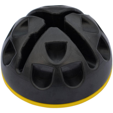 The Precision Training Agility Dome by Precision Training is a black, dome-shaped training tool with grooves and indents, a yellow base ring, and compatibility with 32mm poles—perfect for agility workouts.