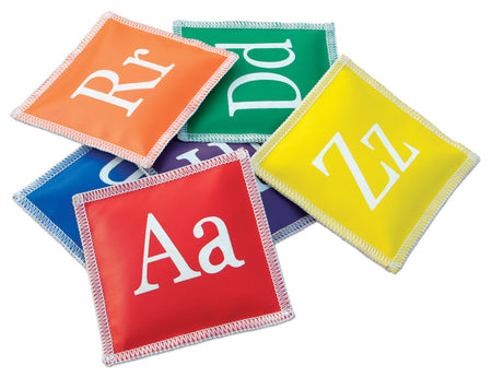 Five colorful Reydon Sports Alphabet Bean Bags (Pack of 26), featuring white letters on red, orange, green, yellow, and blue bags, are arranged overlapping for a playful educational display.