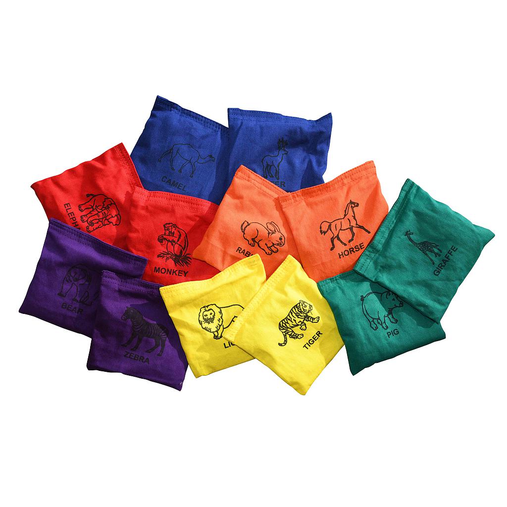 The Reydon Sports Animal Bean Bag (Pack of 12) features cotton bean bags, each with a unique animal illustration and name—colorful, educational toys ideal for fun learning, all playfully arranged in a scattered group.