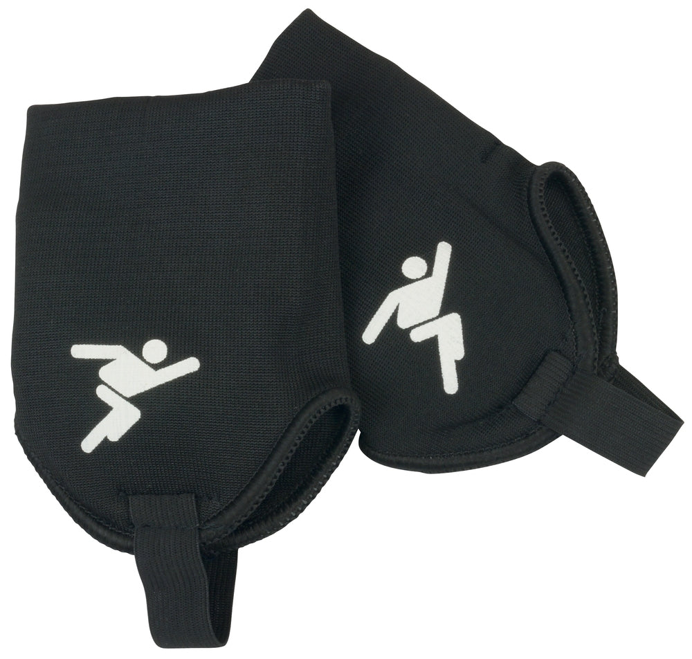 Precision Training Precision Ankle Protectors are black polyester anklets with white stick figure icons in athletic poses, each featuring a bottom foot strap for enhanced stability.