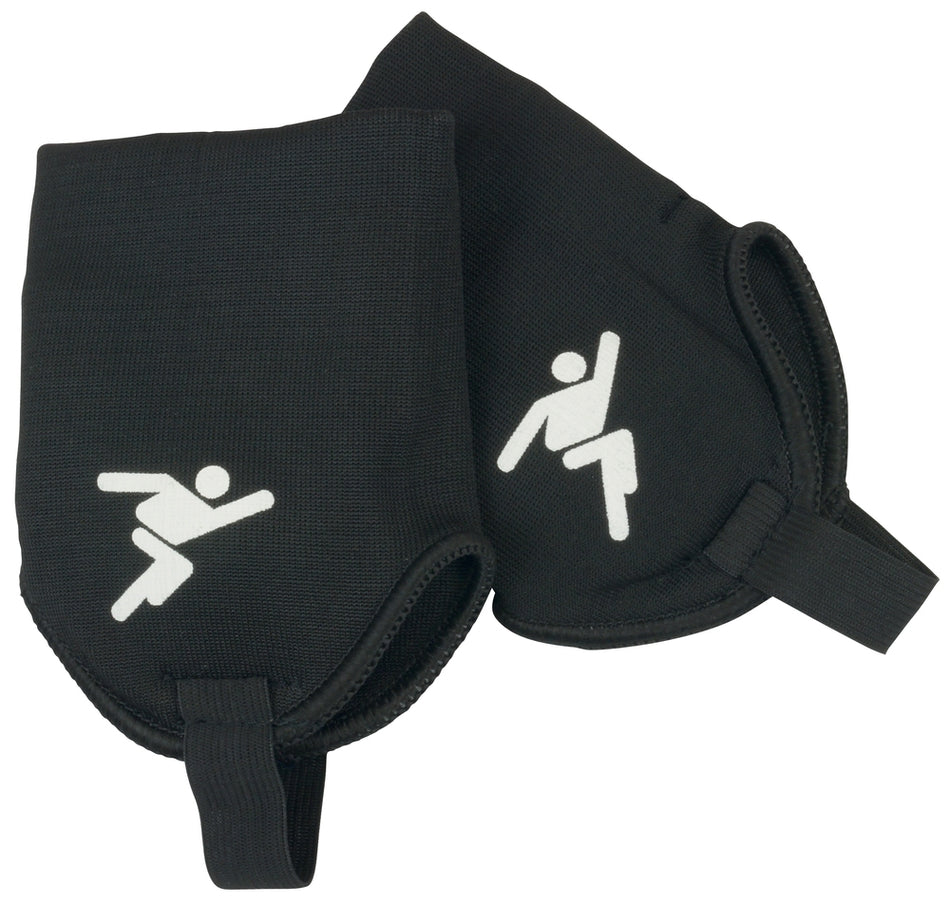 Precision Training Precision Ankle Protectors are black polyester anklets with white stick figure icons in athletic poses, each featuring a bottom foot strap for enhanced stability.