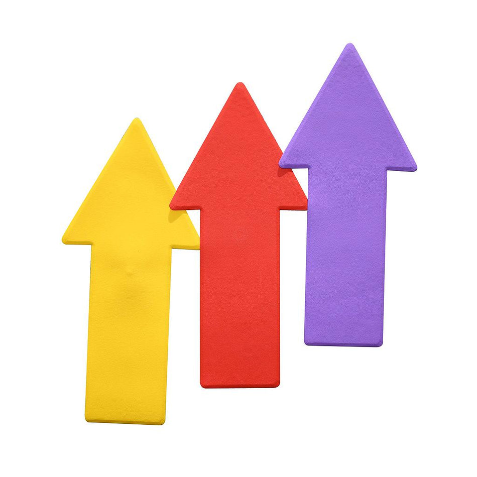 Three large Arrow Floor Markers by Reydon Sports, in yellow, red, and purple, point upward and slightly overlap on a white background.