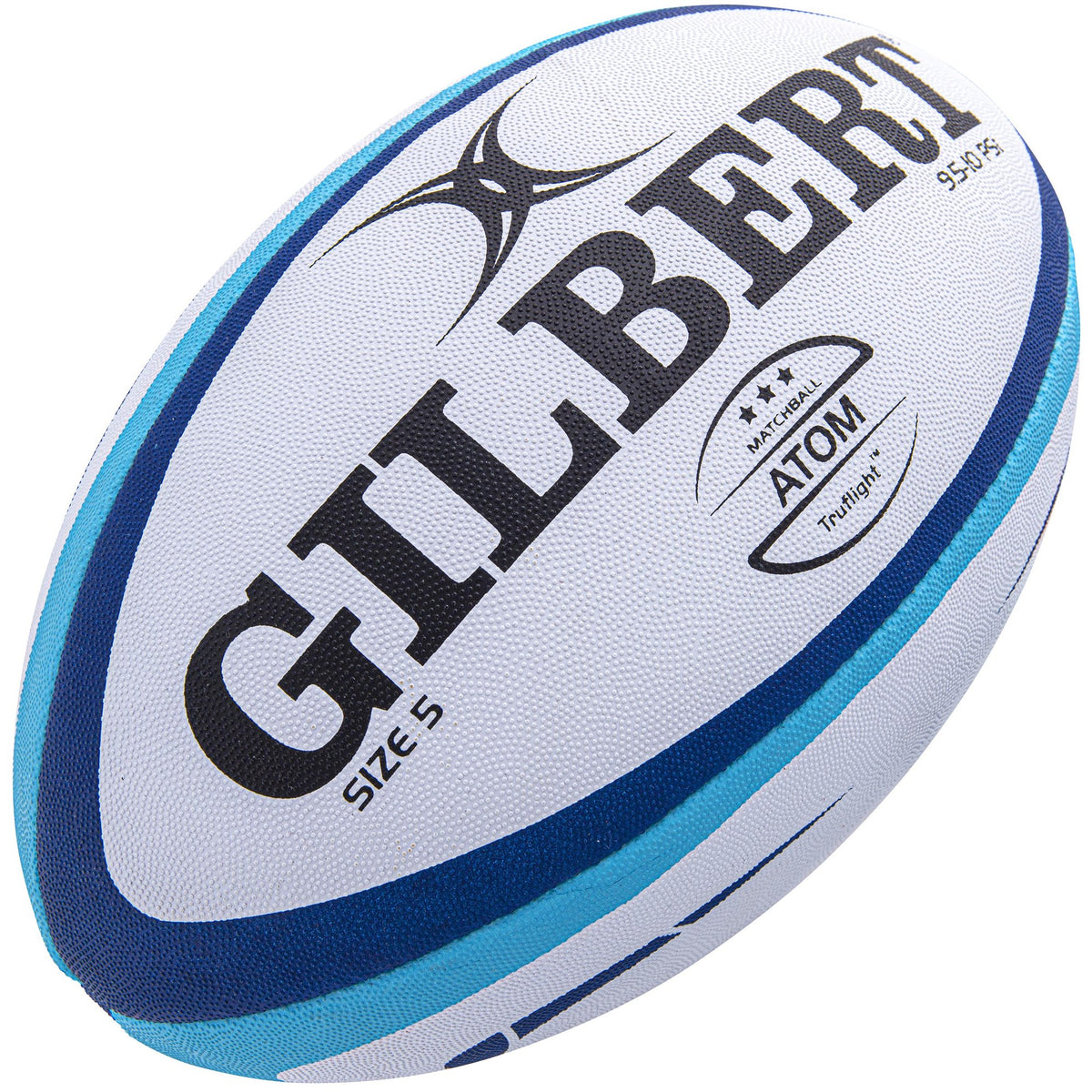 The Gilbert Atom Match Ball size 5 features blue and black accents on a white background with the bold GILBERT logo, making it a top choice for competitive play among quality Gilbert rugby balls.