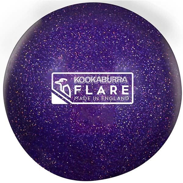 The Kookaburra Flare Hockey Ball is a purple glittery training ball featuring “KOOKABURRA FLARE MADE IN ENGLAND” and a white kookaburra bird logo, perfect for hockey practice.