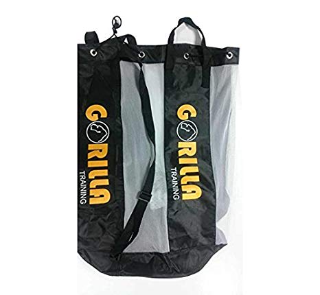 The Gorilla Training Ten Ball Sack is a mesh football holdall with black and white panels, black straps, and a yellow "GORILLA TRAINING" logo printed on the sides. Features include grommets, handles, and a convenient shoulder strap.