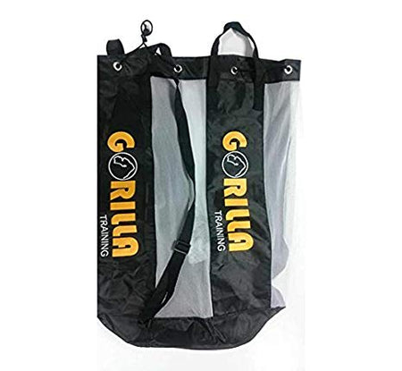 The Gorilla Training Ten Ball Sack is a mesh football holdall with black and white panels, black straps, and a yellow "GORILLA TRAINING" logo printed on the sides. Features include grommets, handles, and a convenient shoulder strap.