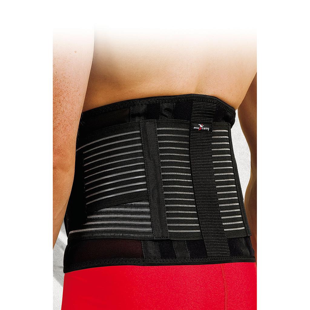 A person wearing a Precision Training Precision Neoprene Back Brace with Stays, featuring horizontal stripes and adjustable straps over their lower back and waist, paired with red athletic shorts.