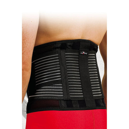 A person wearing a Precision Training Precision Neoprene Back Brace with Stays, featuring horizontal stripes and adjustable straps over their lower back and waist, paired with red athletic shorts.