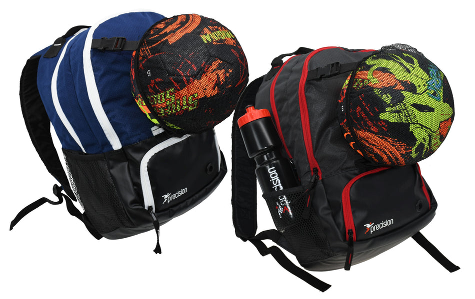 The Precision Training Pro HX Back Pack with Ball Holder, in black, features a front ball holder and a convenient side water bottle pocket.