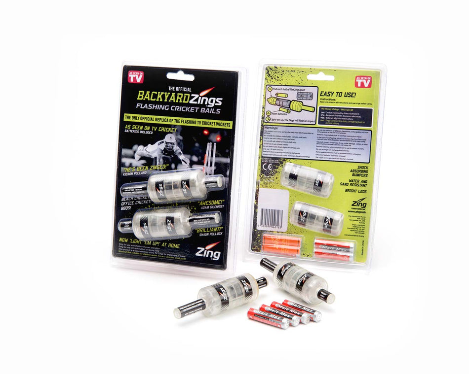 Two packs of Zings Backyard Zings Flashing Cricket Bails, each with four LED bails and batteries. Clear packaging displays product details and usage instructions. Perfect for backyard cricket fun!.