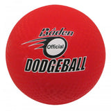 A red Baden Dodgeball (size 7) by Baden Sports with "Baden Official Dodgeball" printed in white and black on the surface.