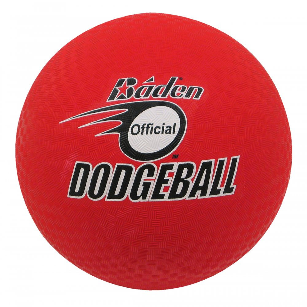 A red Baden Dodgeball (size 7) by Baden Sports with "Baden Official Dodgeball" printed in white and black on the surface.