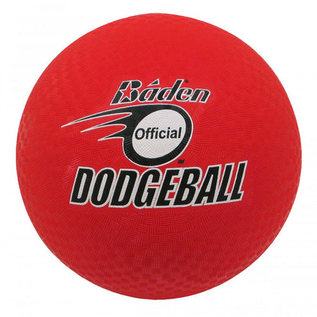 A red Baden Dodgeball (size 7) by Baden Sports with "Baden Official Dodgeball" printed in white and black on the surface.