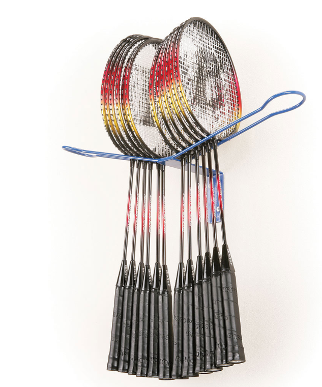 Six badminton rackets with black handles and red, yellow, and black frames are stacked in a Mastersport Badminton Racket Storage Rack, mounted on a blue wall rack against a white background.
