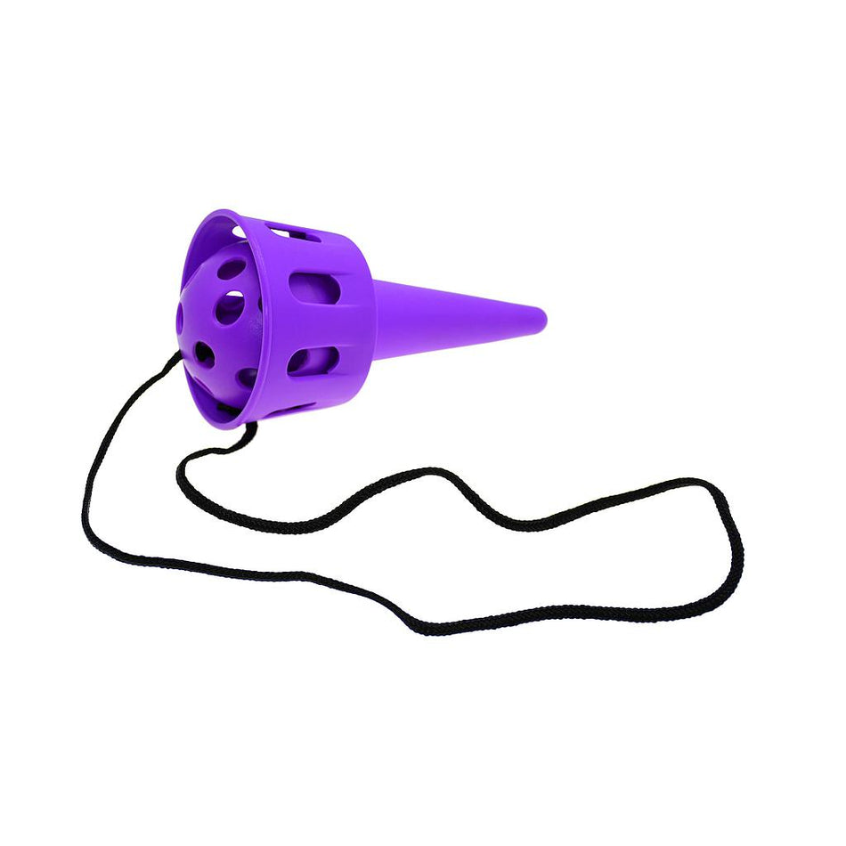 The Reydon Sports Cup and Ball Catcher is a purple plastic cone-shaped children's toy with circular cutouts and a black cord, designed to build hand-eye coordination, shown on a white background.