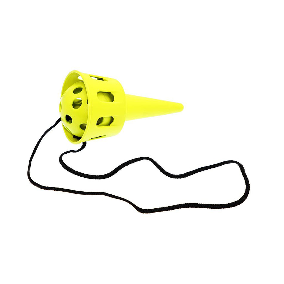 The Reydon Sports Cup and Ball Catcher is a yellow plastic cone toy with multiple holes and a black string, inspired by the classic game to improve hand-eye coordination. Shown against a white background.