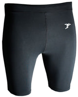 The Precision Training Precision Essential Baselayer Shorts Junior are black compression shorts with visible stitching and a small white running figure logo, designed to support muscle recovery during cold weather sports.