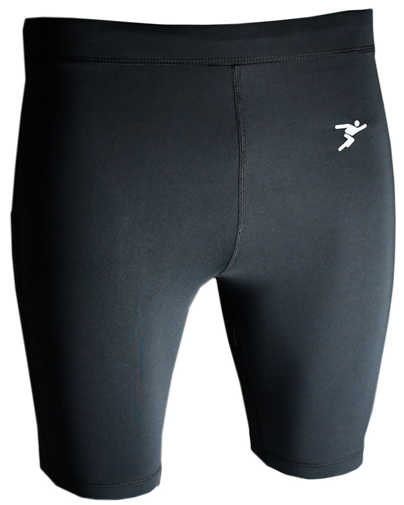 Precision Training’s Precision Essential Baselayer Shorts Senior are black compression shorts with a small white athletic logo on the left thigh, made from moisture-wicking fabric and displayed against a plain white background.