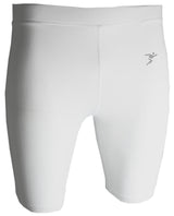 Precision Training's Precision Essential Baselayer Shorts Junior in white feature a subtle running figure logo on the left thigh, designed for muscle recovery and ideal as compression sportswear, shown on a plain white background.