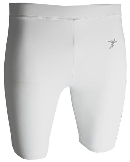 Precision Training's Precision Essential Baselayer Shorts Junior in white feature a subtle running figure logo on the left thigh, designed for muscle recovery and ideal as compression sportswear, shown on a plain white background.