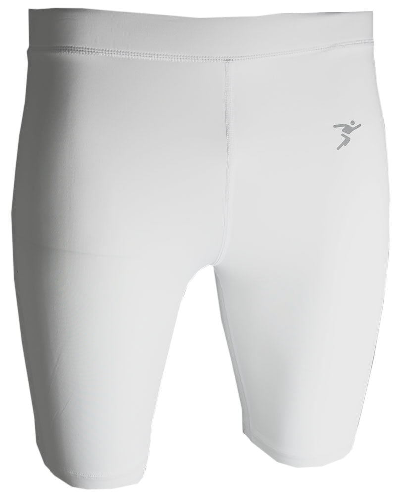 The Precision Training Precision Essential Baselayer Shorts Senior feature moisture-wicking fabric and a small gray athletic logo on the upper left thigh, shown against a plain background.