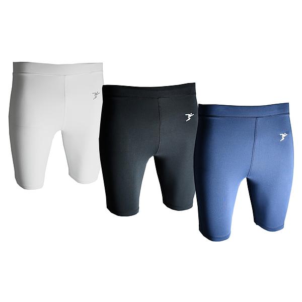 Three pairs of Precision Training Essential Baselayer Shorts Junior in white, black, and blue, each with a small logo on the left thigh, displayed side by side. Perfect for muscle recovery during intense workouts.