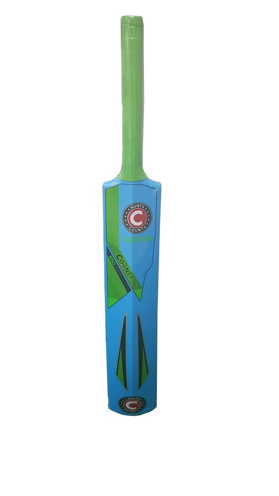 The Hunts County Flik Cricket Bat & Ball Set features a blue bat with green and black accents, a green handle, and the COUNTRY logo on the blade. Perfect for kids' games of flik ball, it stands upright against a white background.