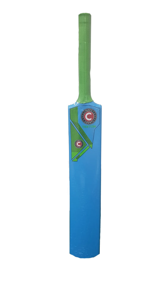 The Hunts County Flik Cricket Bat (Blue) features a green handle, geometric green design near the top, and circular logo details on the upper front. Ideal as a garden cricket bat. Showcased against a plain white background.