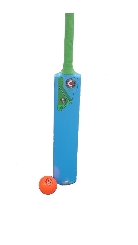 The Hunts County Flik Cricket Bat & Ball Set by Hunts County features a blue kids’ bat with a green handle and an orange ball, both with matching circular logos, displayed upright on a plain white background.