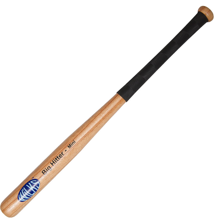 The Wilks Big Hitter Softball Bat by Wilks features a black non-slip grip, “Pro Hitter Mini” on the barrel, and a blue logo—a hardwood bat ideal for school use.