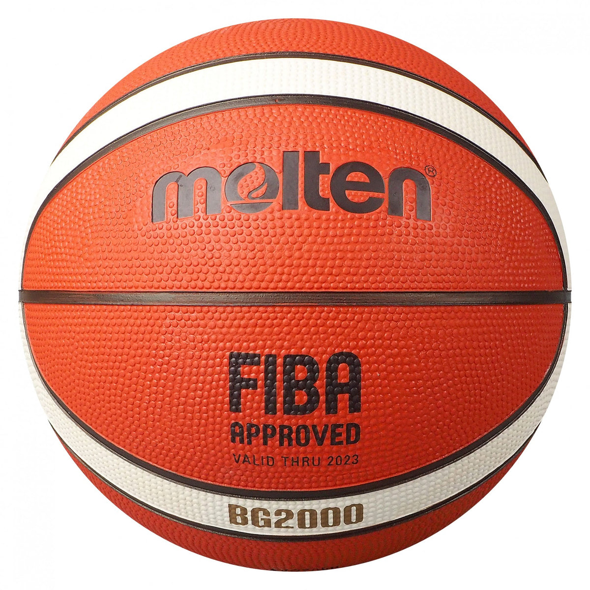 A close-up of the Molten BG2000 Rubber Basketball (Indoor & Outdoor) displays its orange, black, and white panels with FIBA APPROVED and BG2000 markings. The textured surface highlights Molten’s superior grip for versatile play.