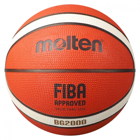 A close-up of the Molten BG2000 Rubber Basketball (Indoor & Outdoor) displays its orange, black, and white panels with FIBA APPROVED and BG2000 markings. The textured surface highlights Molten’s superior grip for versatile play.