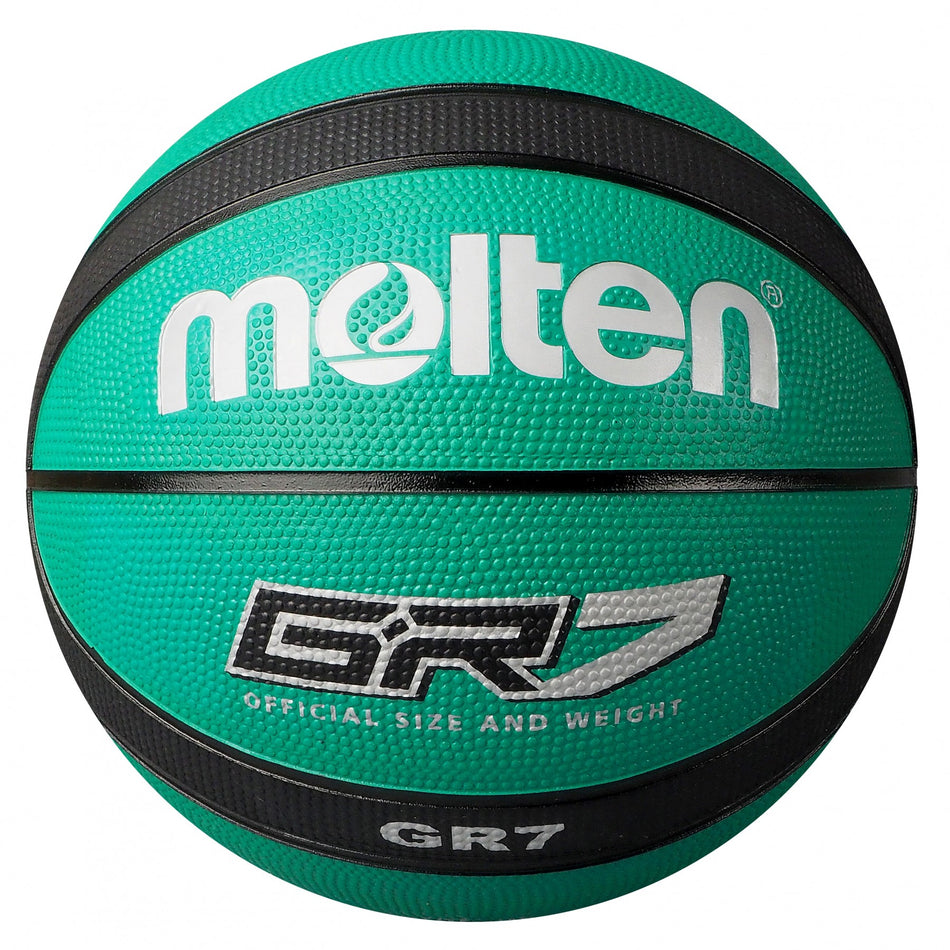 The Molten BGR Rubber Basketball in green and black features bold white branding and text, making it an ideal training or indoor game ball. This official size and weight basketball by Molten has a durable, textured surface.