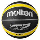 The Molten BGR Rubber Basketball in black/yellow features the Molten logo, GR7 lettering, official size, and is suitable for indoor play.