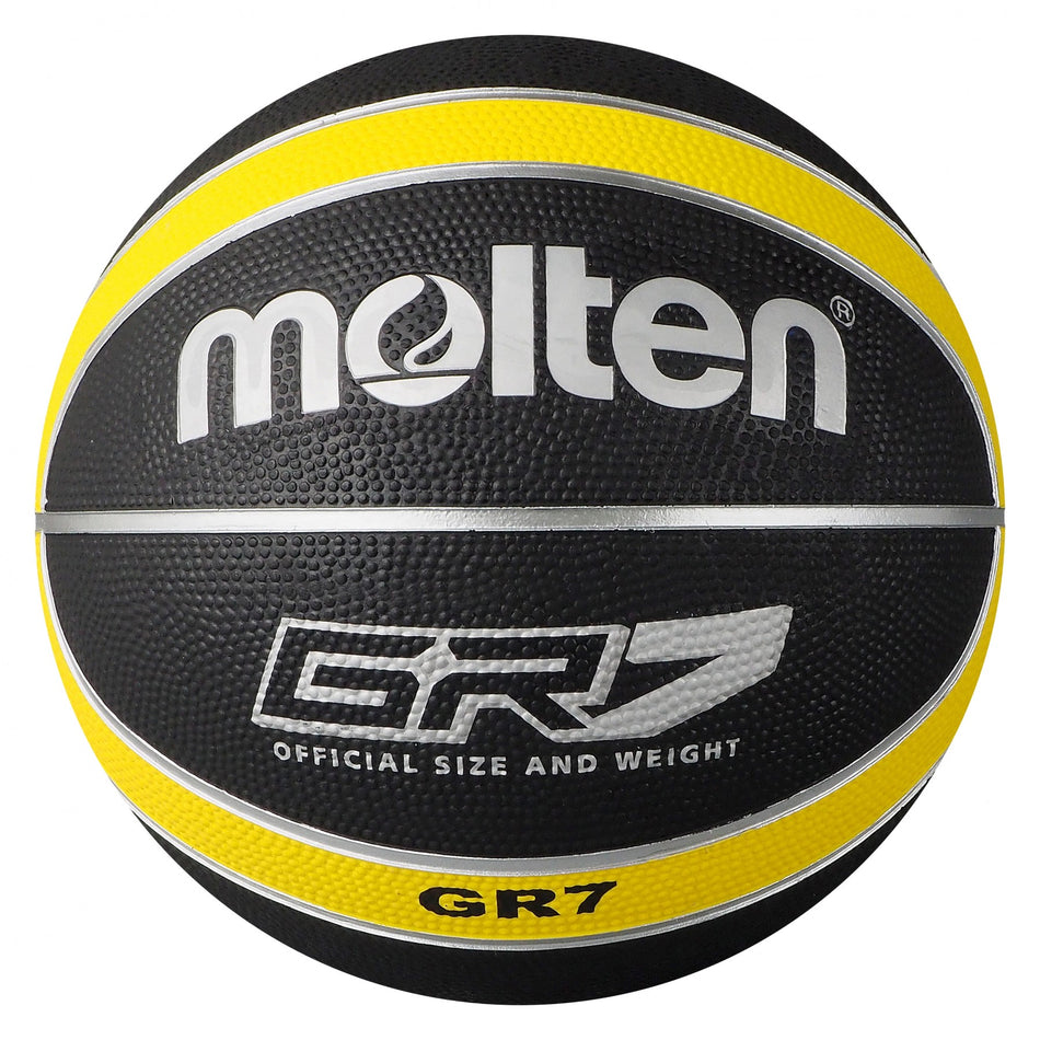 The Molten BGR Rubber Basketball in black/yellow features the Molten logo, GR7 lettering, official size, and is suitable for indoor play.