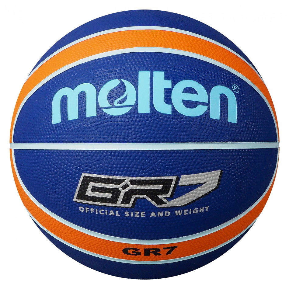 The Molten BGR Rubber Basketball – Blue/Orange features GR7 and Official Size and Weight printed in black and white, making it perfect for indoor games or practice.