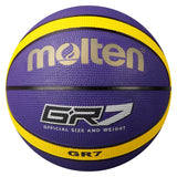 The Molten BGR Rubber Basketball - Purple/Yellow is an official size ball with yellow stripes and silver text, featuring the Molten logo and “GR7” model name; perfect for indoor play.