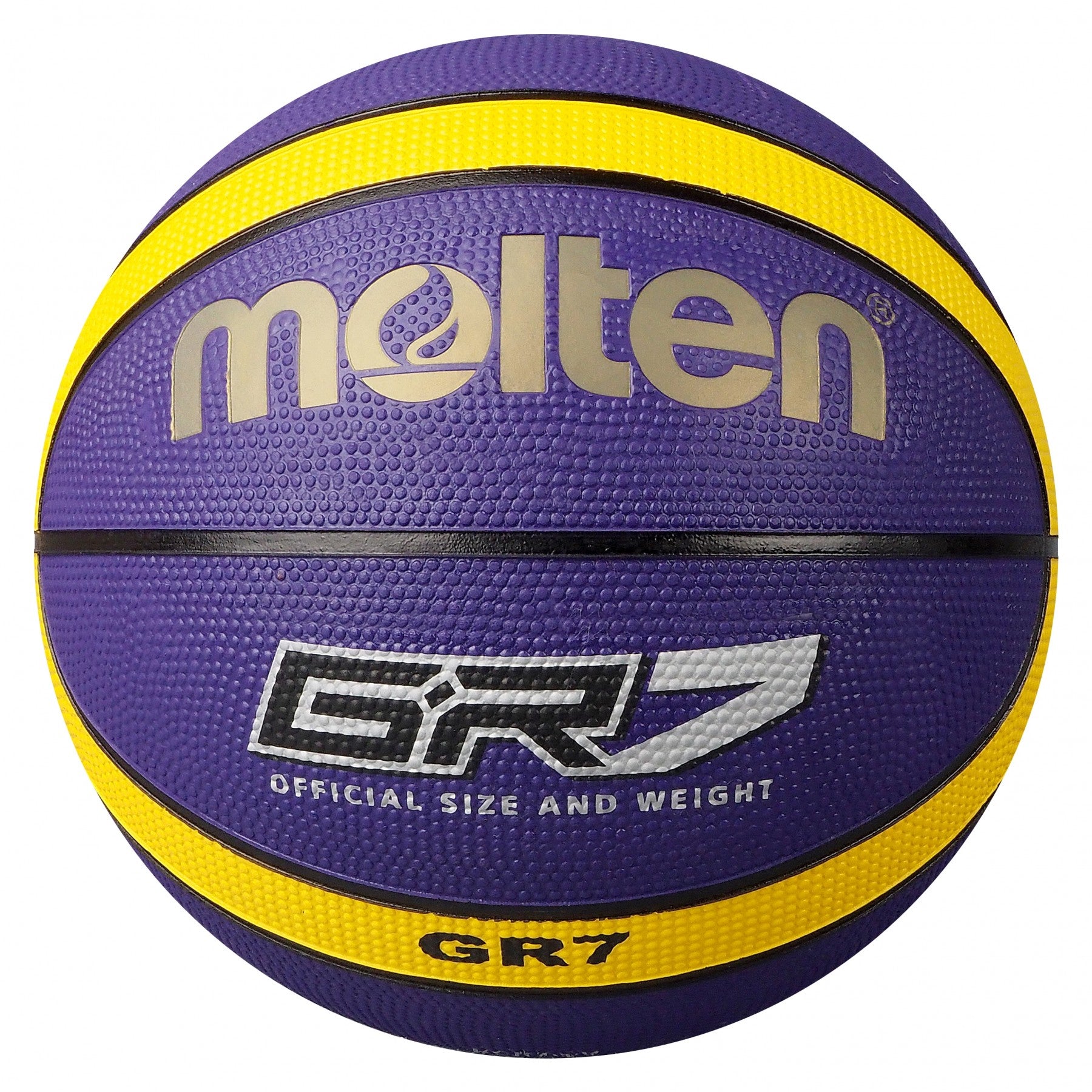 The Molten BGR Rubber Basketball - Purple/Yellow is an official size ball with yellow stripes and silver text, featuring the Molten logo and “GR7” model name; perfect for indoor play.