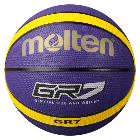 The Molten BGR Rubber Basketball - Purple/Yellow is an official size ball with yellow stripes and silver text, featuring the Molten logo and “GR7” model name; perfect for indoor play.