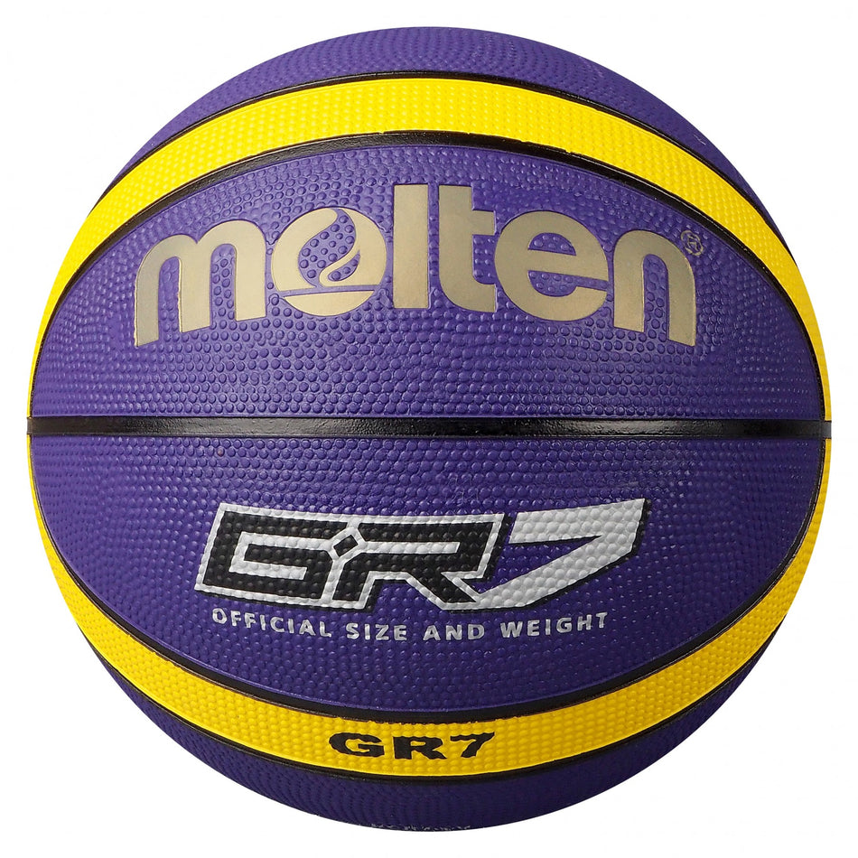 The Molten BGR Rubber Basketball - Purple/Yellow is an official size ball with yellow stripes and silver text, featuring the Molten logo and “GR7” model name; perfect for indoor play.