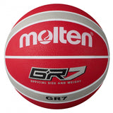 The Molten BGR Rubber Basketball in white, red, and silver features a textured surface with the Molten logo—official size and weight, perfect for indoor play.
