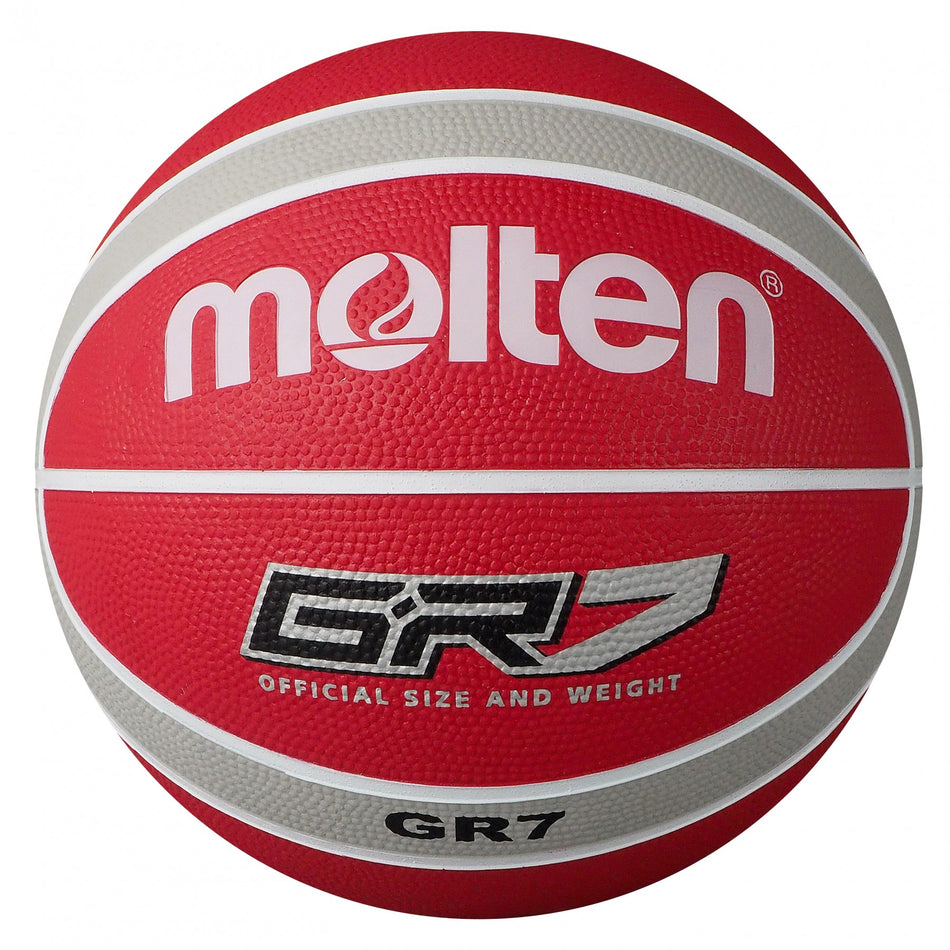 The Molten BGR Rubber Basketball in white, red, and silver features a textured surface with the Molten logo—official size and weight, perfect for indoor play.