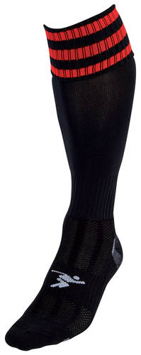 The Precision Training Precision 3 Stripe Pro Football Socks Adult is a black knee-high sock with two red stripes at the top, a small white logo near the toes, and a contoured fit for enhanced ankle support.