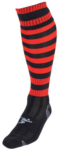 The Precision Hooped Pro Football Socks Adult by Precision Training feature bold red and black calf stripes, a black foot with grey heel and toe accents, and are made from a comfy, durable nylon-cotton blend for vibrant style.