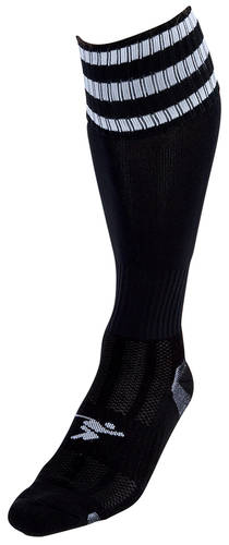 The Precision Training Precision 3 Stripe Pro Football Socks Adult is a single black knee-high sock with white stripes at the top, a small white logo on the foot, and a contoured fit for ankle support.