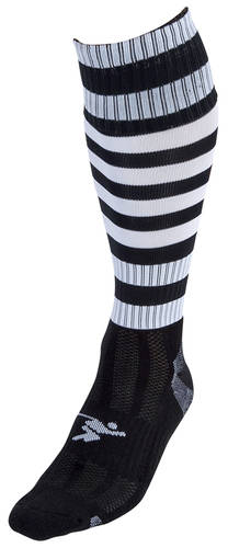The Precision Training Precision Hooped Pro Football Socks Adult features knee-high, black and white horizontal stripes on the leg with a mostly black foot, shown against a white background.